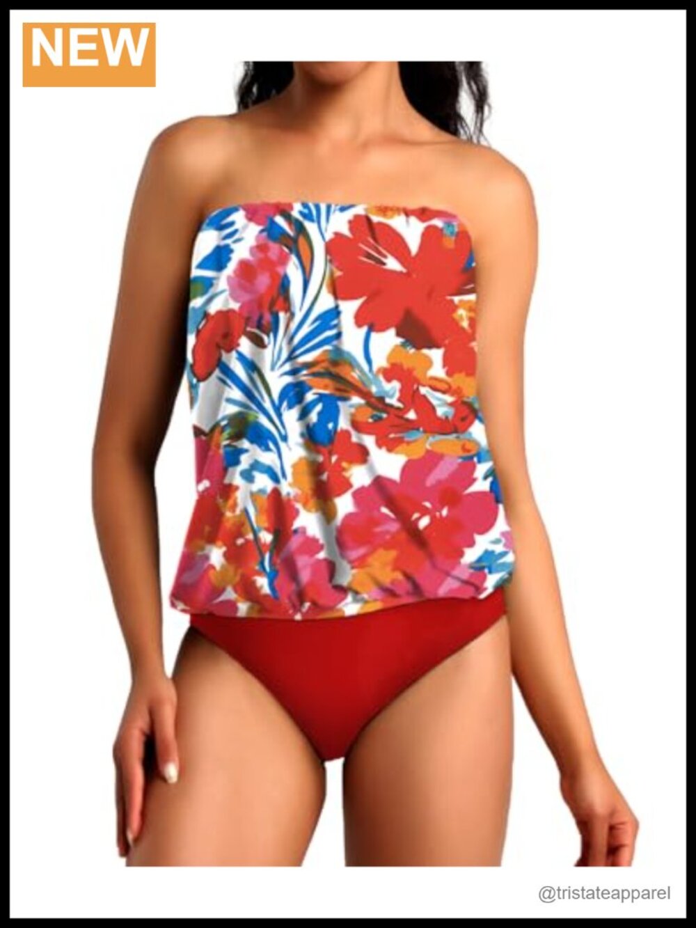 Two Piece Bandeau Tankini Swimsuits Removable Straps Tummy Control